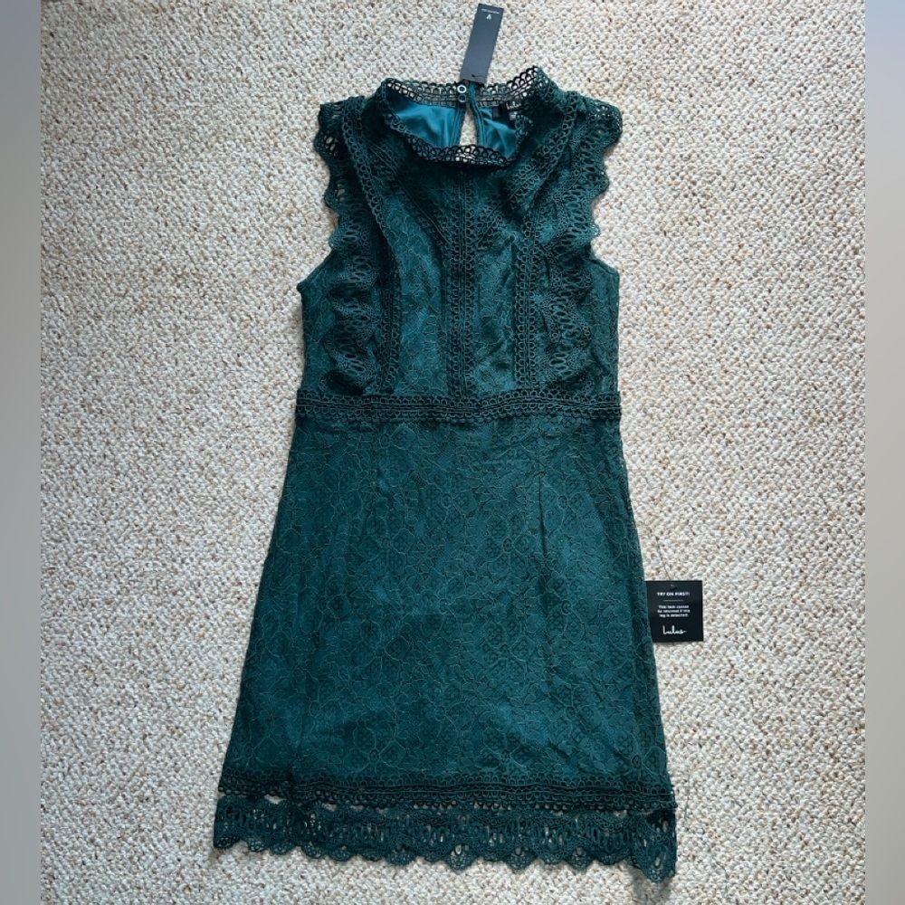 NWT Lulu’s Med My Sweetheart Dark Teal Green Lace Mini Dress Coquette